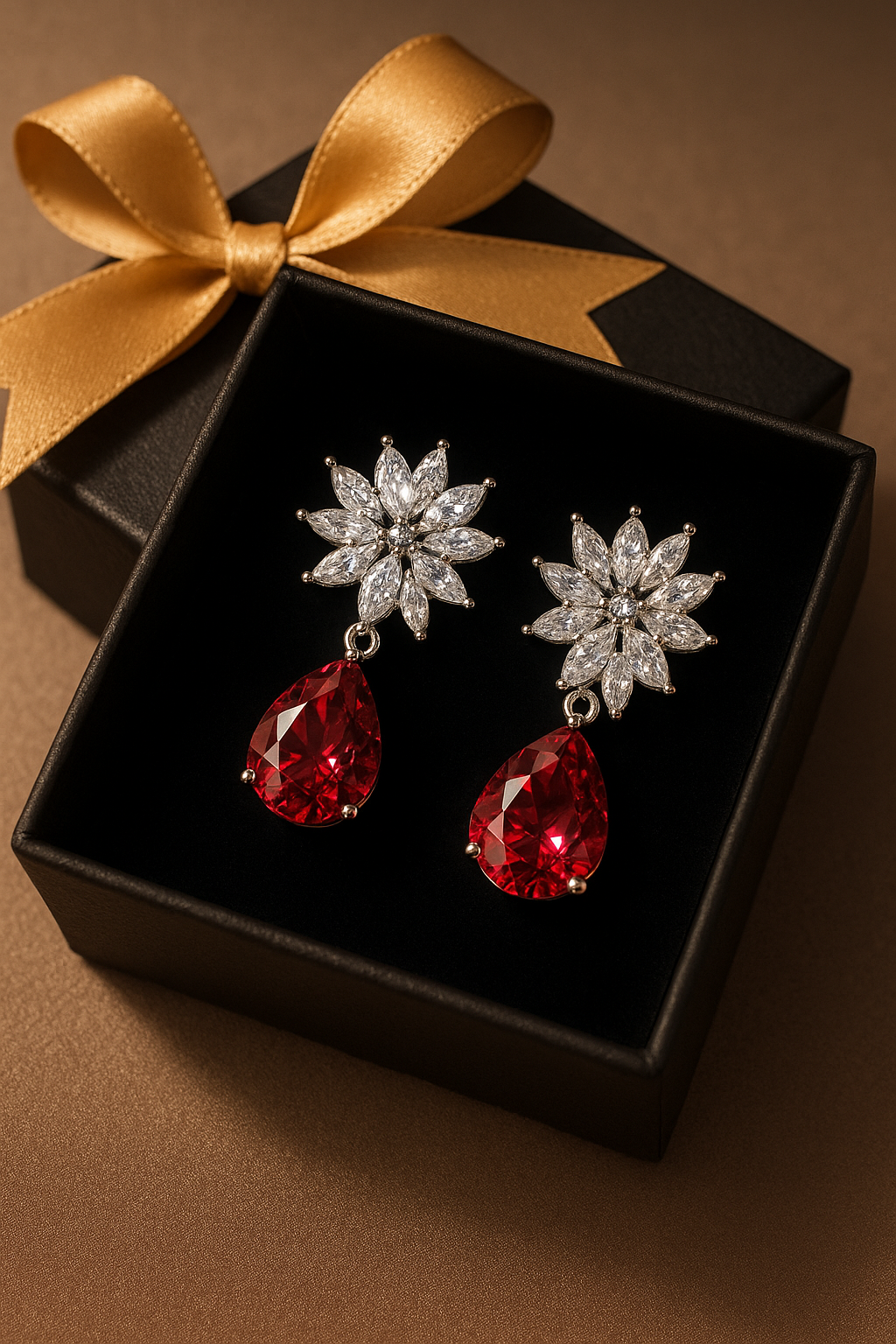 Luxury Floral Diamond Drop Earrings with Red Teardrop Crystal | Elegant Statement Jewelry for Women