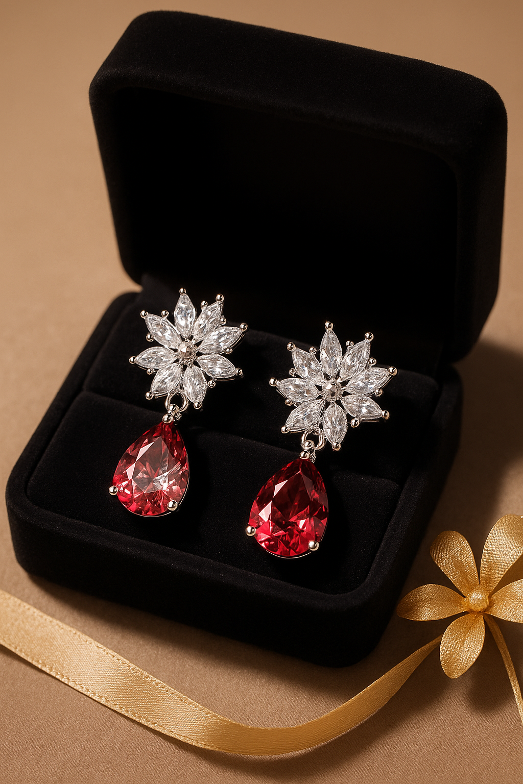 Luxury Floral Diamond Drop Earrings with Red Teardrop Crystal | Elegant Statement Jewelry for Women