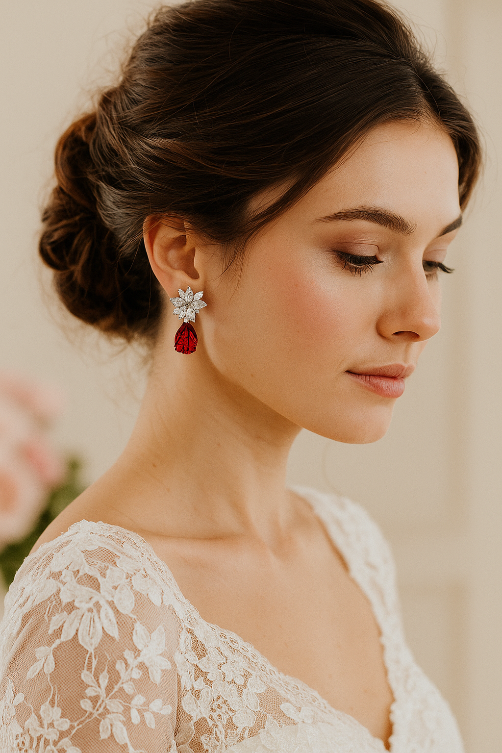 Luxury Floral Diamond Drop Earrings with Red Teardrop Crystal | Elegant Statement Jewelry for Women