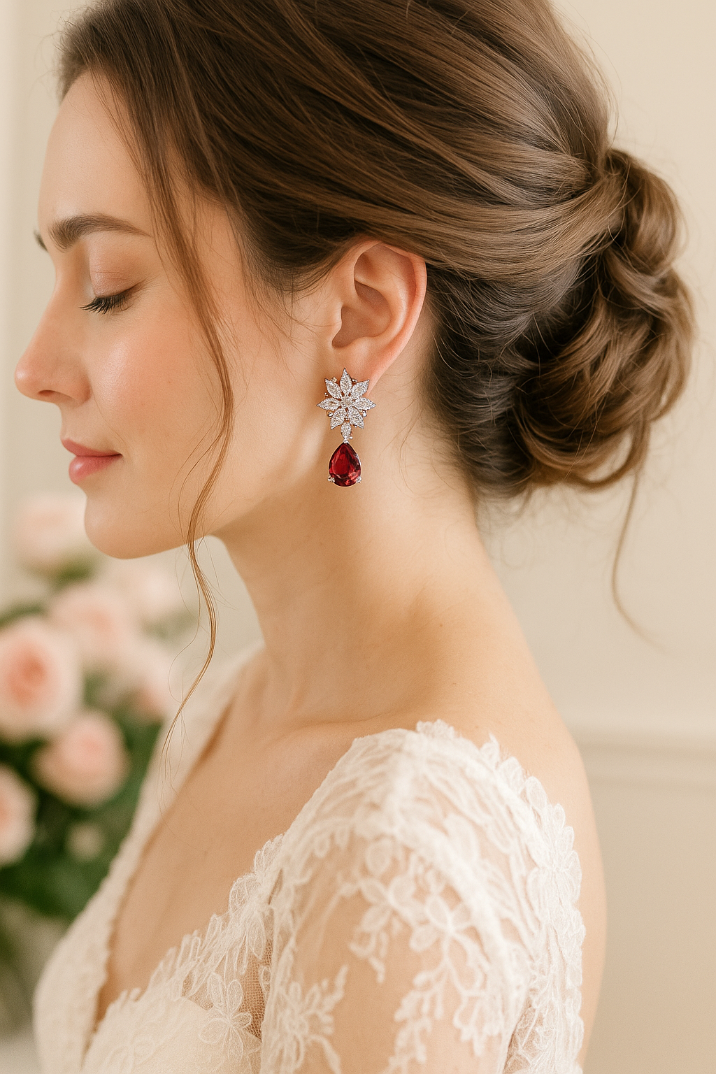 Luxury Floral Diamond Drop Earrings with Red Teardrop Crystal | Elegant Statement Jewelry for Women