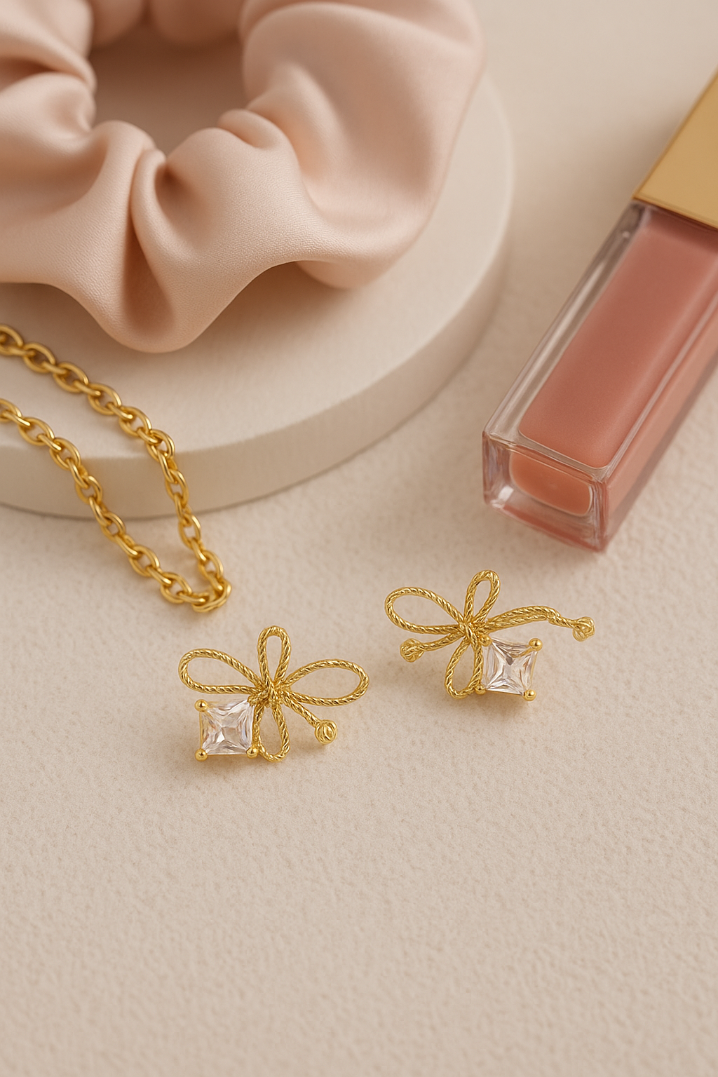 Dainty Gold Bow Earrings with Crystal Stone – Elegant Minimal Studs for Women | Everyday & Gifting Jewelry