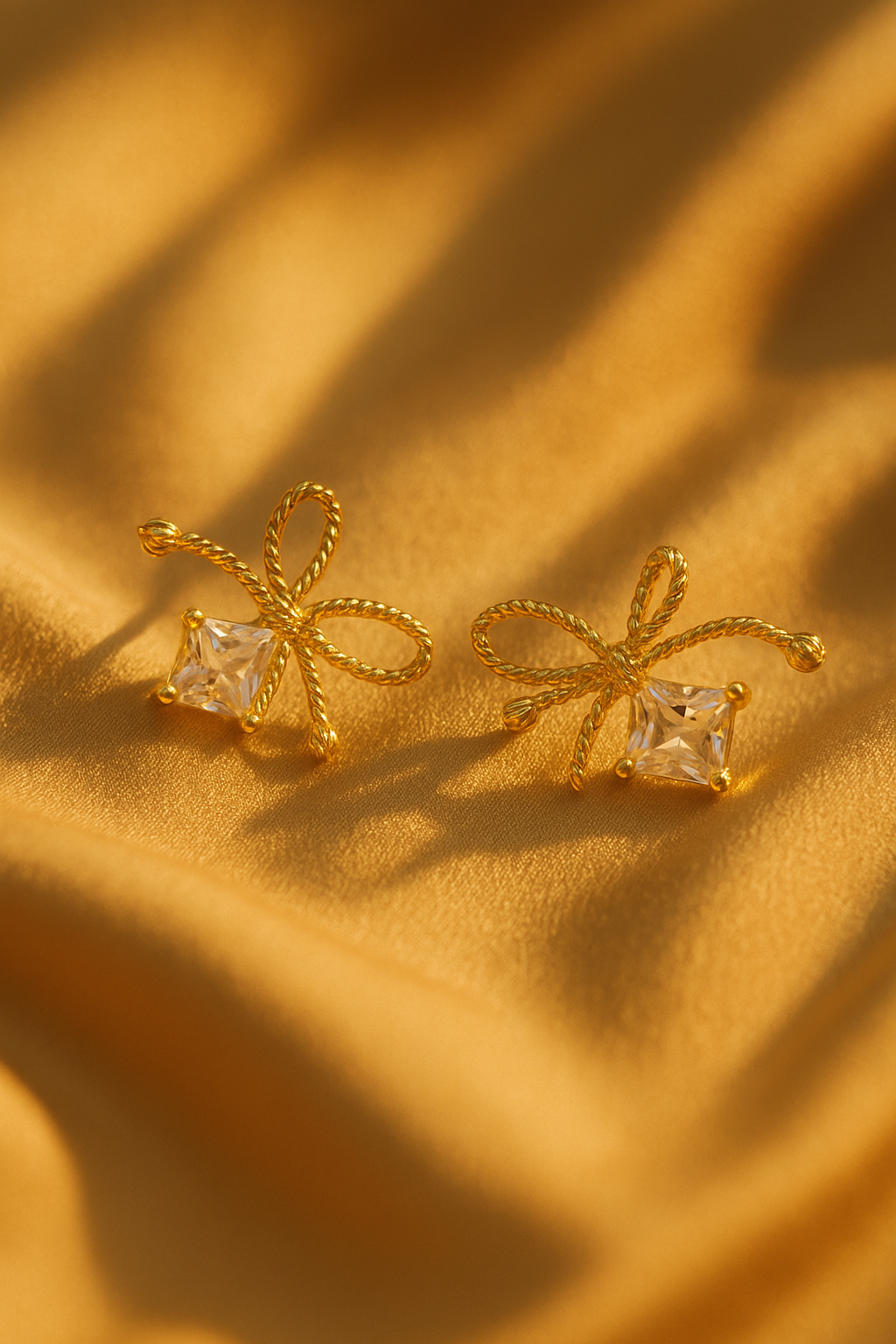 Dainty Gold Bow Earrings with Crystal Stone – Elegant Minimal Studs for Women | Everyday & Gifting Jewelry