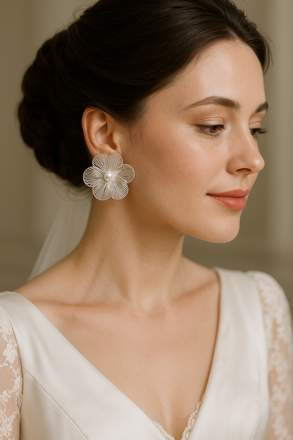 Elegant Floral Pearl Earrings – Delicate Silver Petal Design for Women | Wedding & Bridal Statement Jewelry