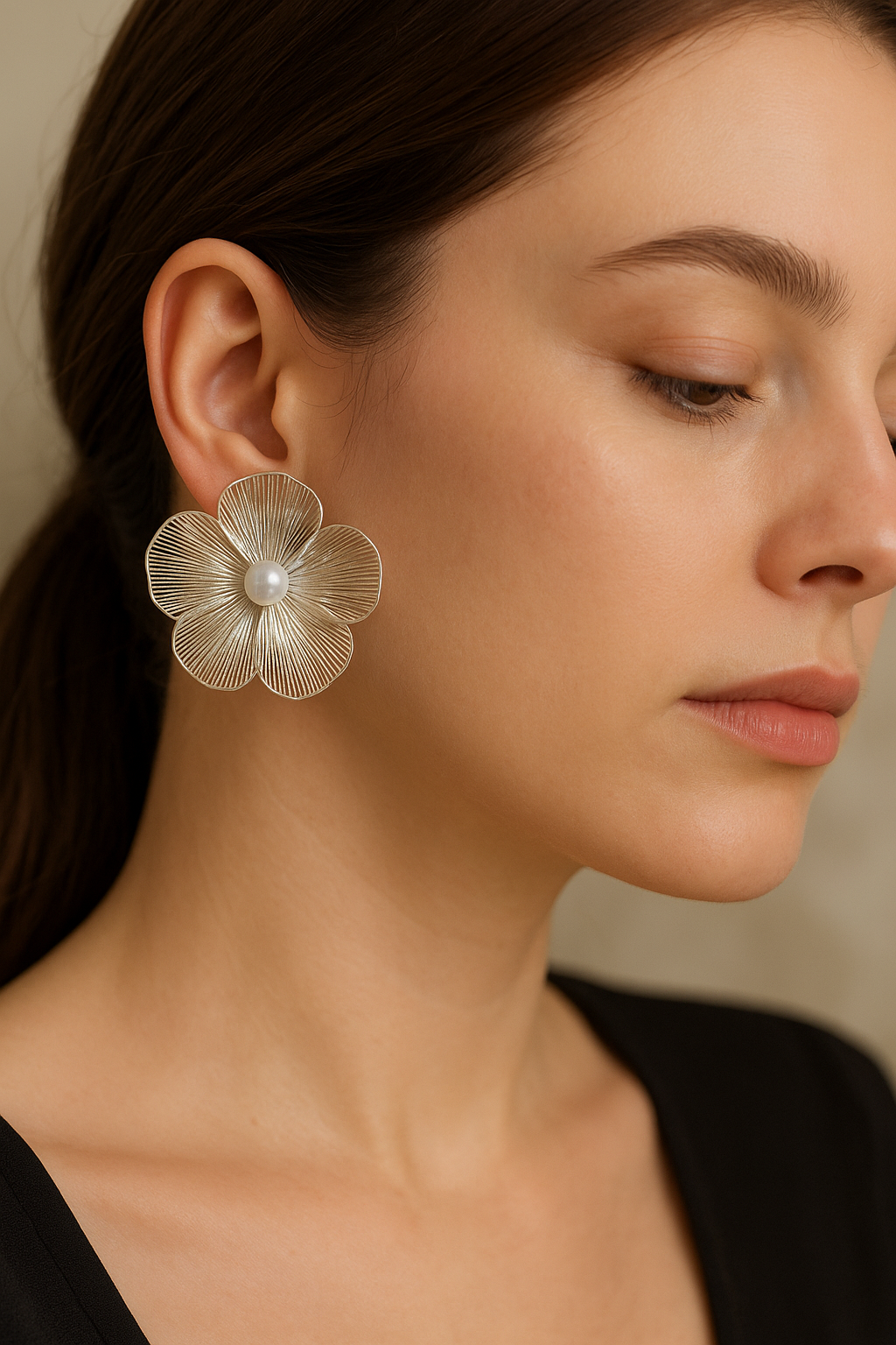 Elegant Floral Pearl Earrings – Delicate Silver Petal Design for Women | Wedding & Bridal Statement Jewelry