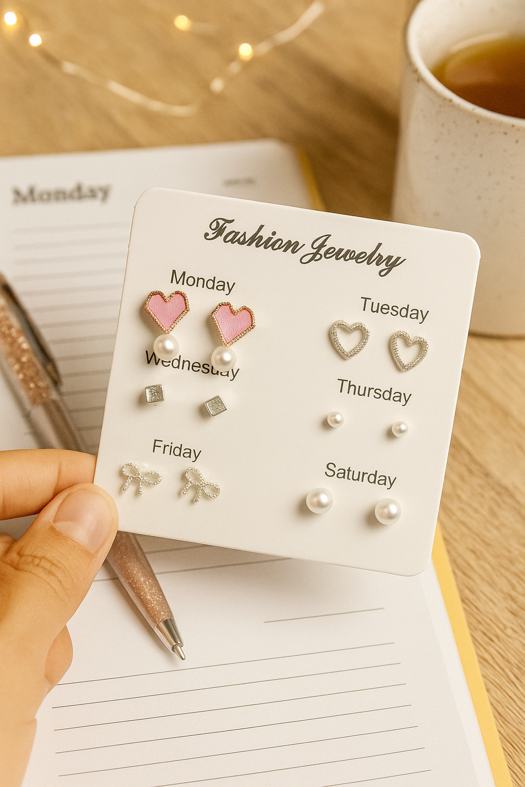 Weekly Earring Set for Girls – 6 Pairs Cute Stud Earrings with Hearts, Bows & Pearls | Fashion Jewelry for Every Day