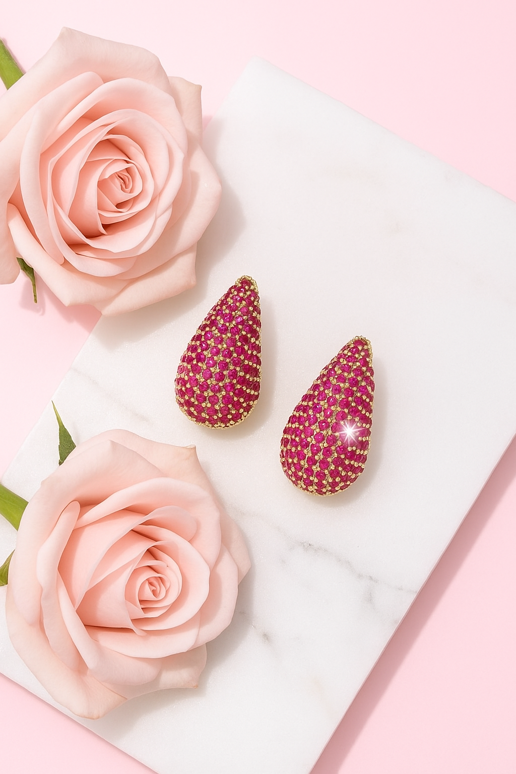 Elegant Pink Teardrop Crystal Earrings for Women – Gold-Plated Luxury Statement Studs for Parties & Weddings