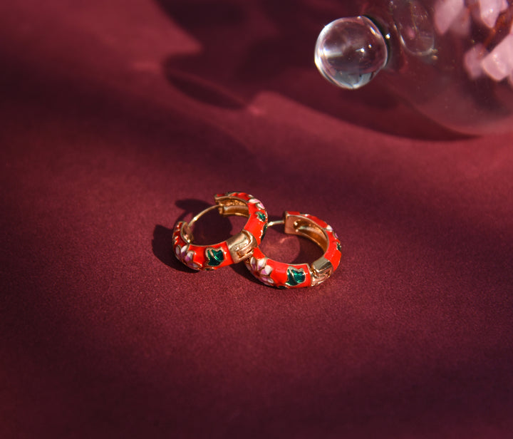 Red enamel floral loop earring