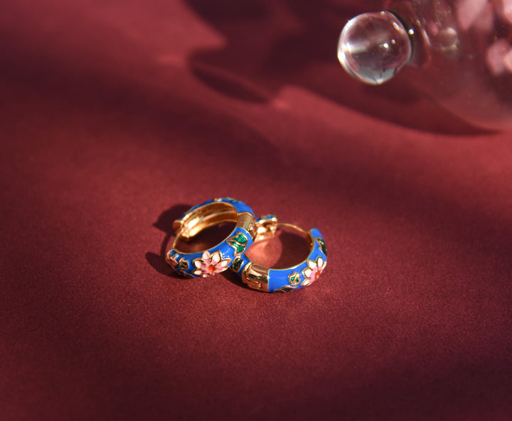 Blue Enamel Floral Loop Earrings