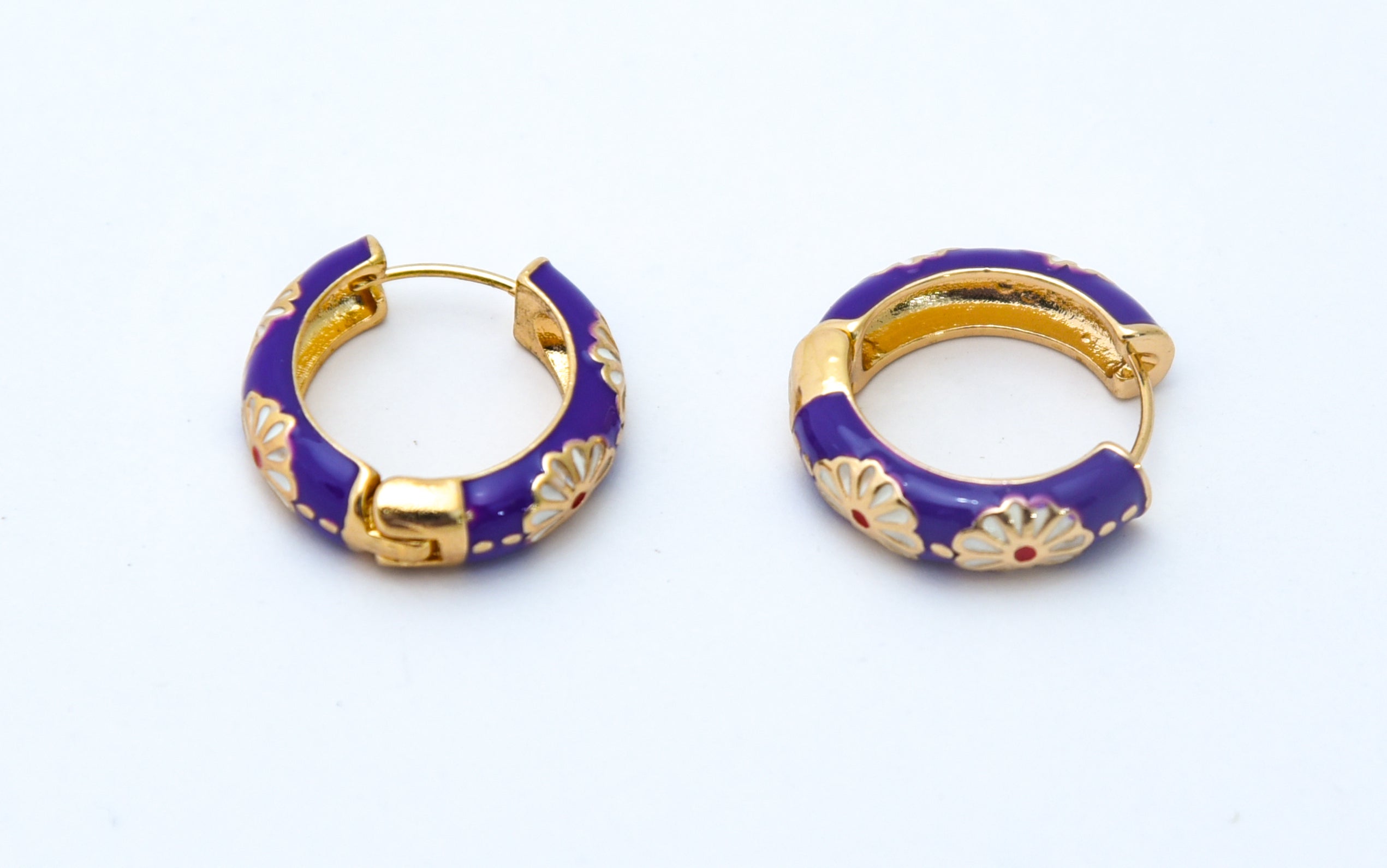 Purple Enamel Floral Loop Earrings