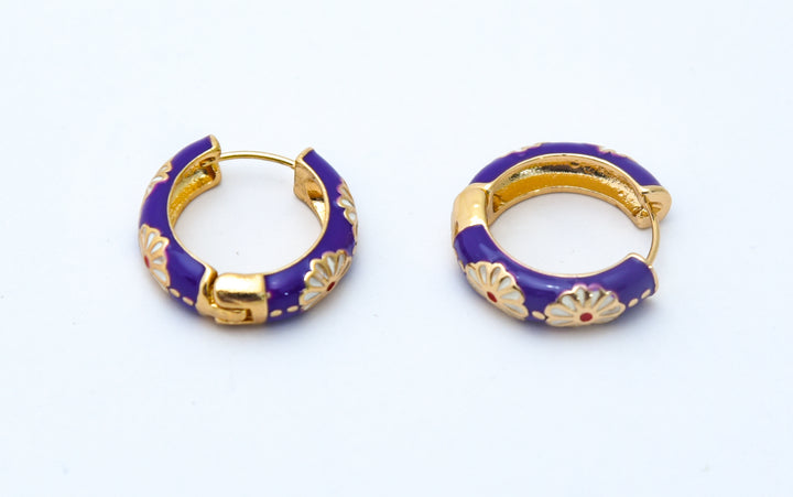 Purple Enamel Floral Loop Earrings