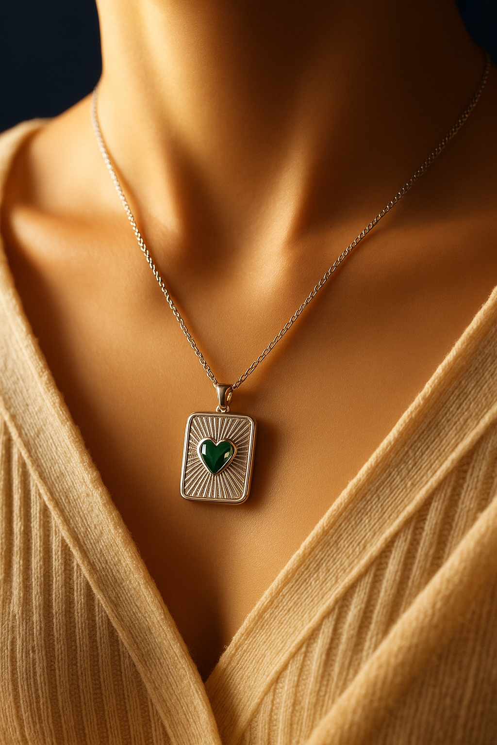 Elegant Silver Heart Pendant Necklace with Green Enamel | Women's Luxury Jewelry