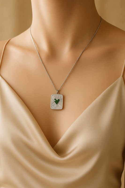 Elegant Silver Heart Pendant Necklace with Green Enamel | Women's Luxury Jewelry