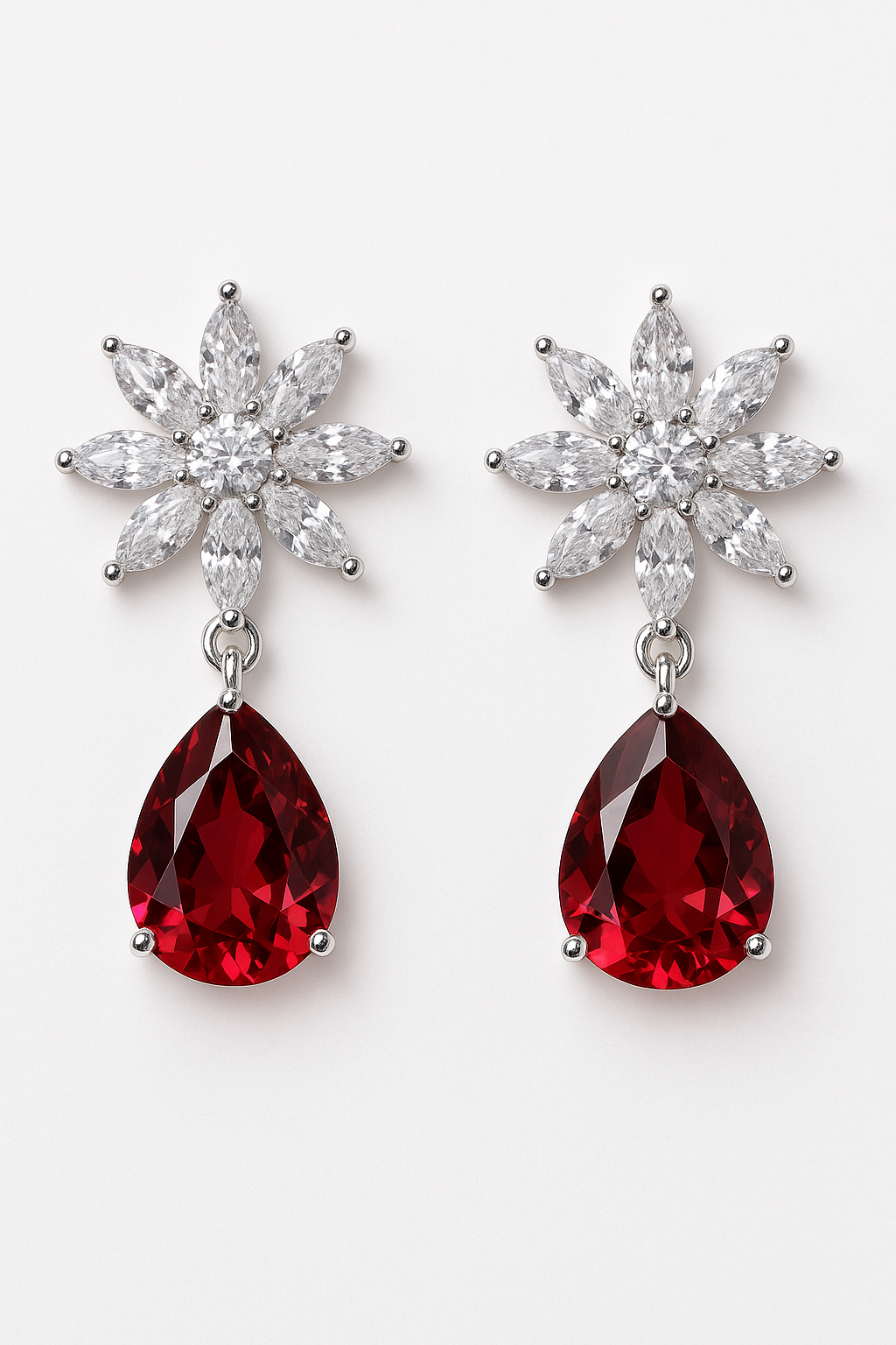 Luxury Floral Diamond Drop Earrings with Red Teardrop Crystal | Elegant Statement Jewelry for Women