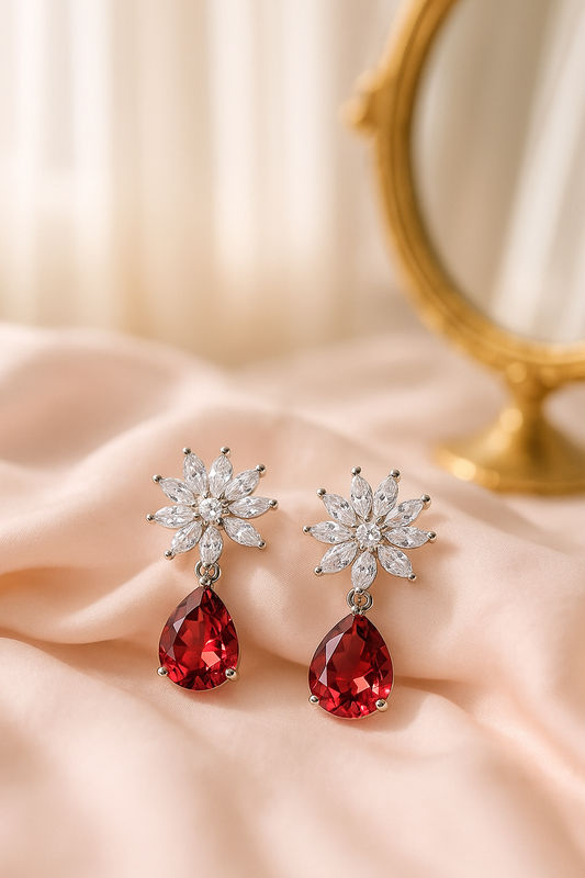 Luxury Floral Diamond Drop Earrings with Red Teardrop Crystal | Elegant Statement Jewelry for Women