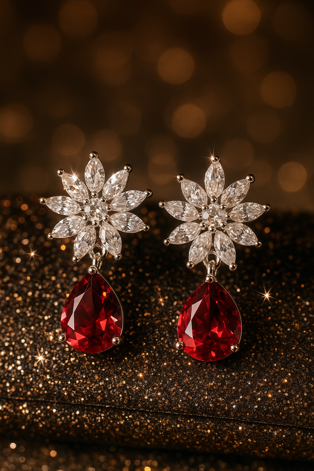Luxury Floral Diamond Drop Earrings with Red Teardrop Crystal | Elegant Statement Jewelry for Women