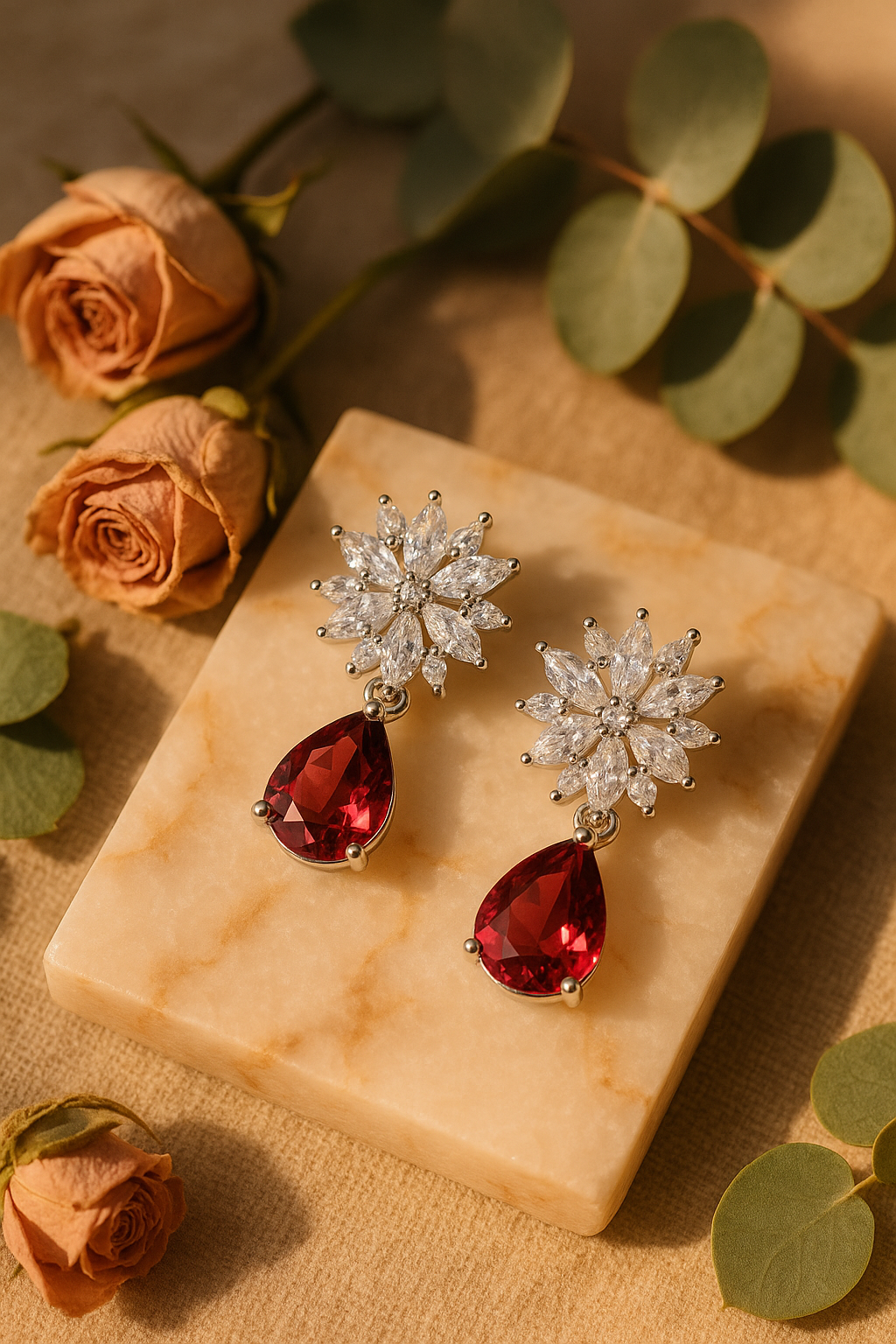Luxury Floral Diamond Drop Earrings with Red Teardrop Crystal | Elegant Statement Jewelry for Women