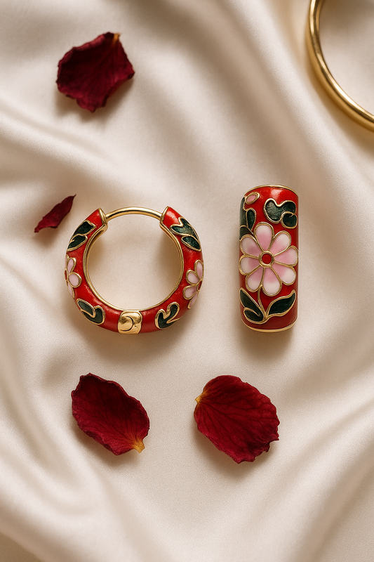 Hand-Painted Enamel Floral Hoop Earrings for Women | Traditional Red & Gold Indian Style Earrings | Lightweight Ethnic Jewelry for Festive & Casual Wear