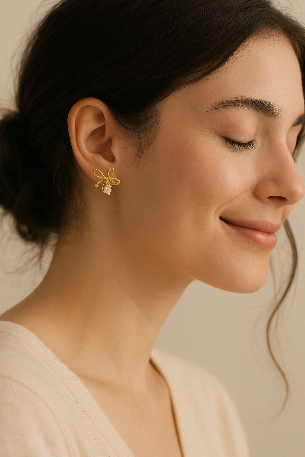 Dainty Gold Bow Earrings with Crystal Stone – Elegant Minimal Studs for Women | Everyday & Gifting Jewelry