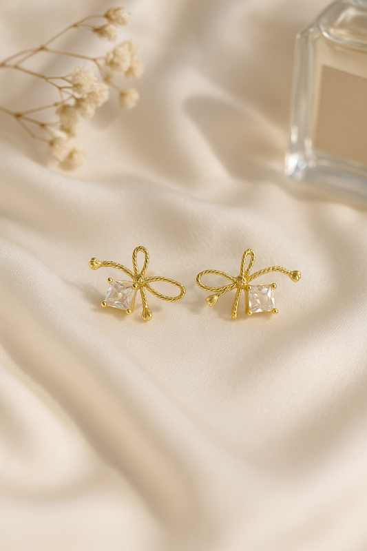 Dainty Gold Bow Earrings with Crystal Stone – Elegant Minimal Studs for Women | Everyday & Gifting Jewelry
