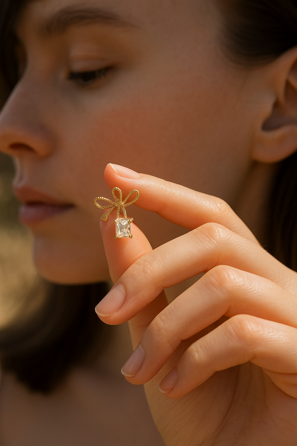 Dainty Gold Bow Earrings with Crystal Stone – Elegant Minimal Studs for Women | Everyday & Gifting Jewelry