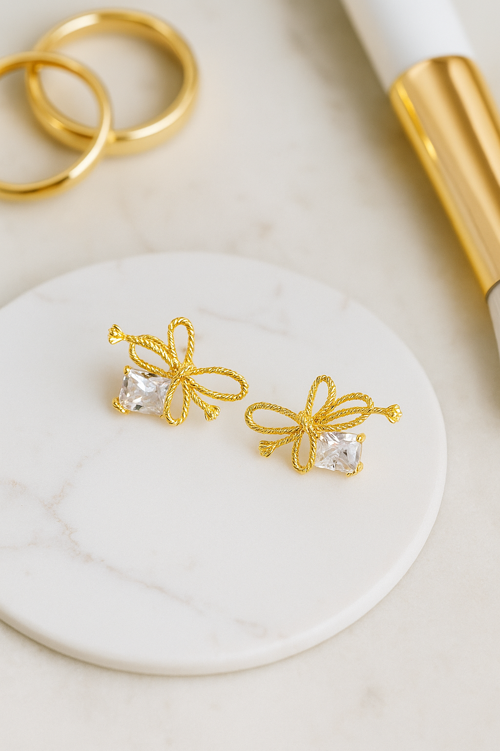 Dainty Gold Bow Earrings with Crystal Stone – Elegant Minimal Studs for Women | Everyday & Gifting Jewelry