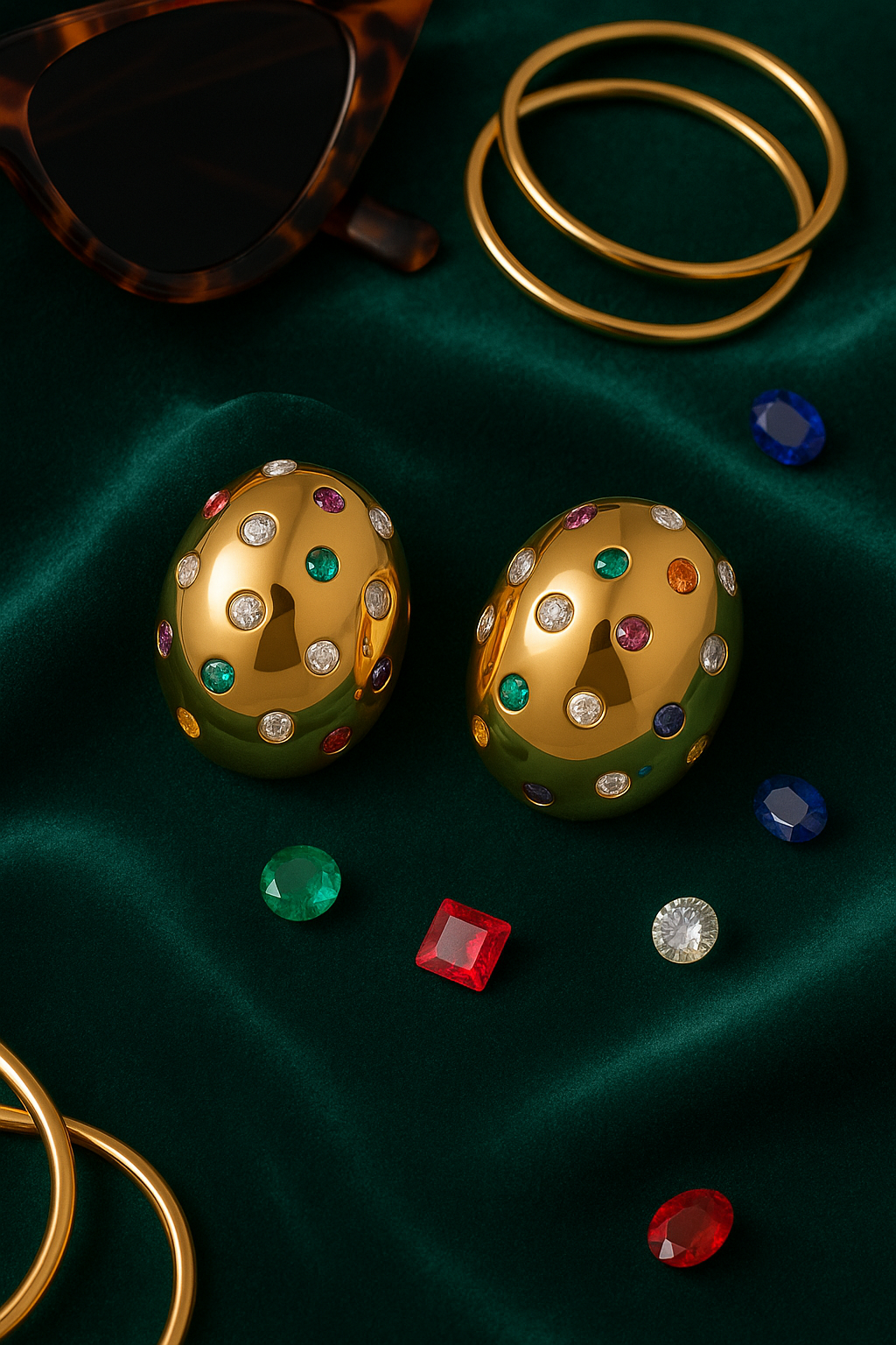 Luxury Dome Gold Earrings with Multicolor CZ Stones – Bold Party Statement Jewelry for Women | Designer Polished Hoops