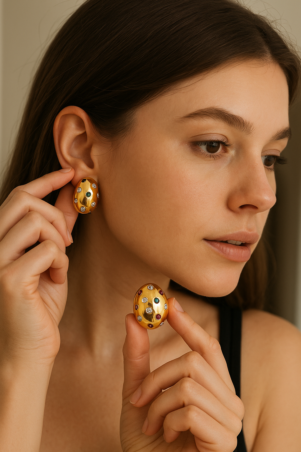 Luxury Dome Gold Earrings with Multicolor CZ Stones – Bold Party Statement Jewelry for Women | Designer Polished Hoops