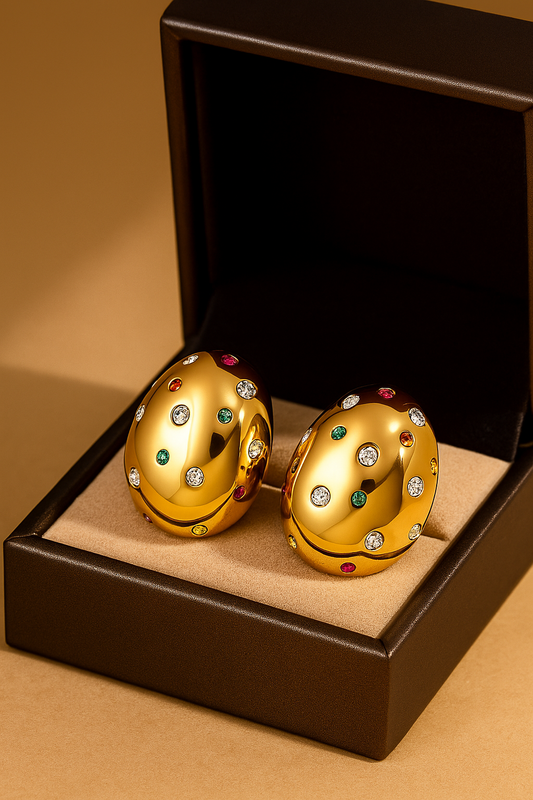 Luxury Dome Gold Earrings with Multicolor CZ Stones – Bold Party Statement Jewelry for Women | Designer Polished Hoops