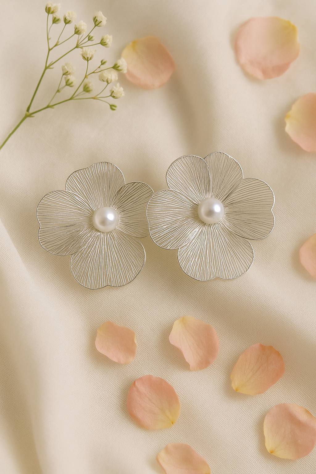 Elegant Floral Pearl Earrings – Delicate Silver Petal Design for Women | Wedding & Bridal Statement Jewelry