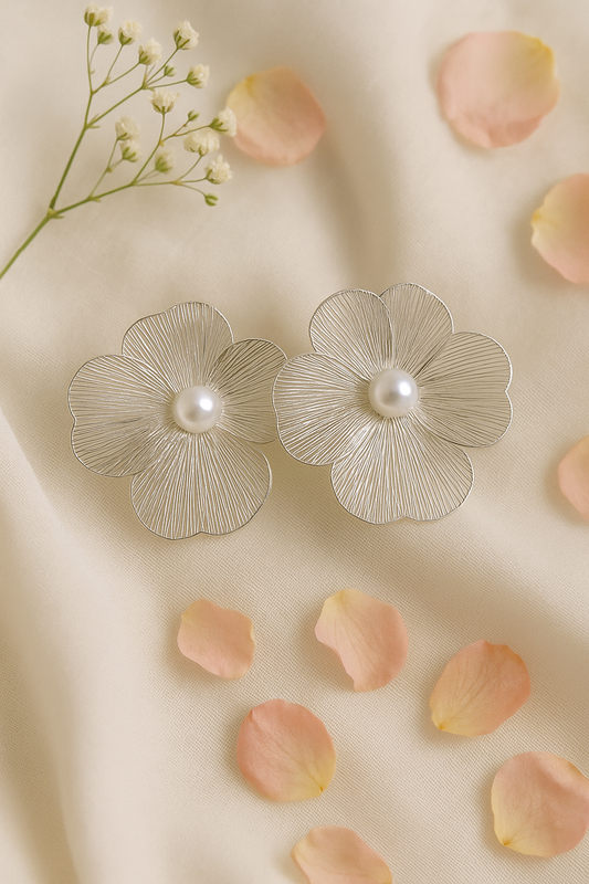 Elegant Floral Pearl Earrings – Delicate Silver Petal Design for Women | Wedding & Bridal Statement Jewelry