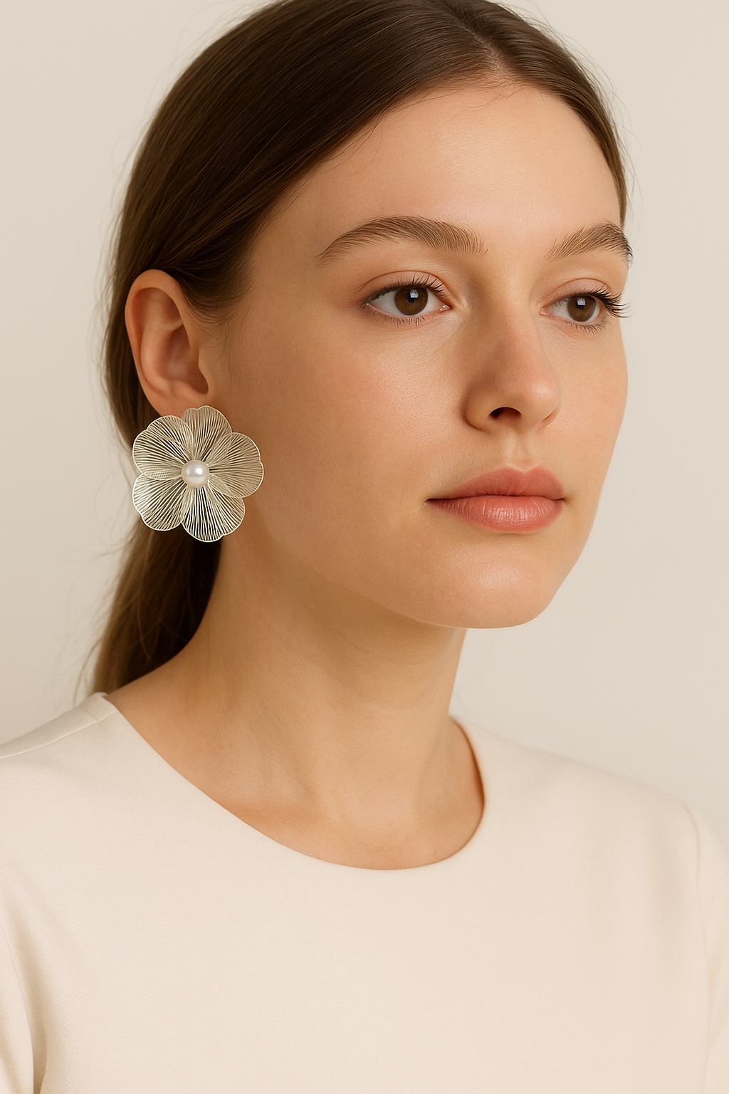 Elegant Floral Pearl Earrings – Delicate Silver Petal Design for Women | Wedding & Bridal Statement Jewelry