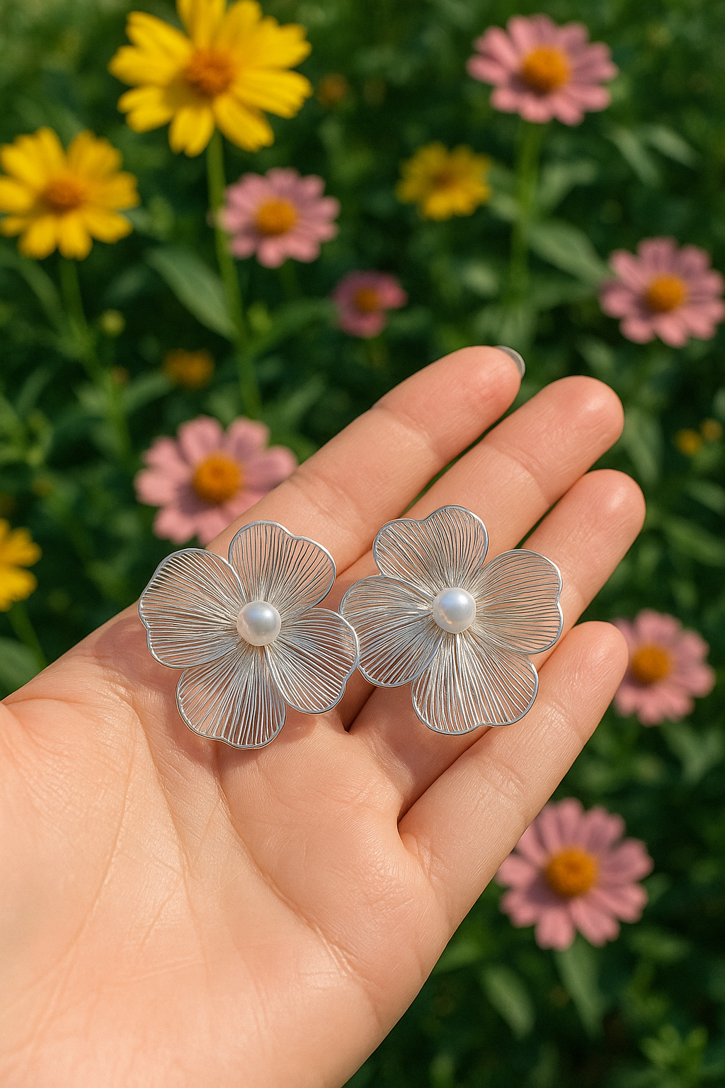 Elegant Floral Pearl Earrings – Delicate Silver Petal Design for Women | Wedding & Bridal Statement Jewelry