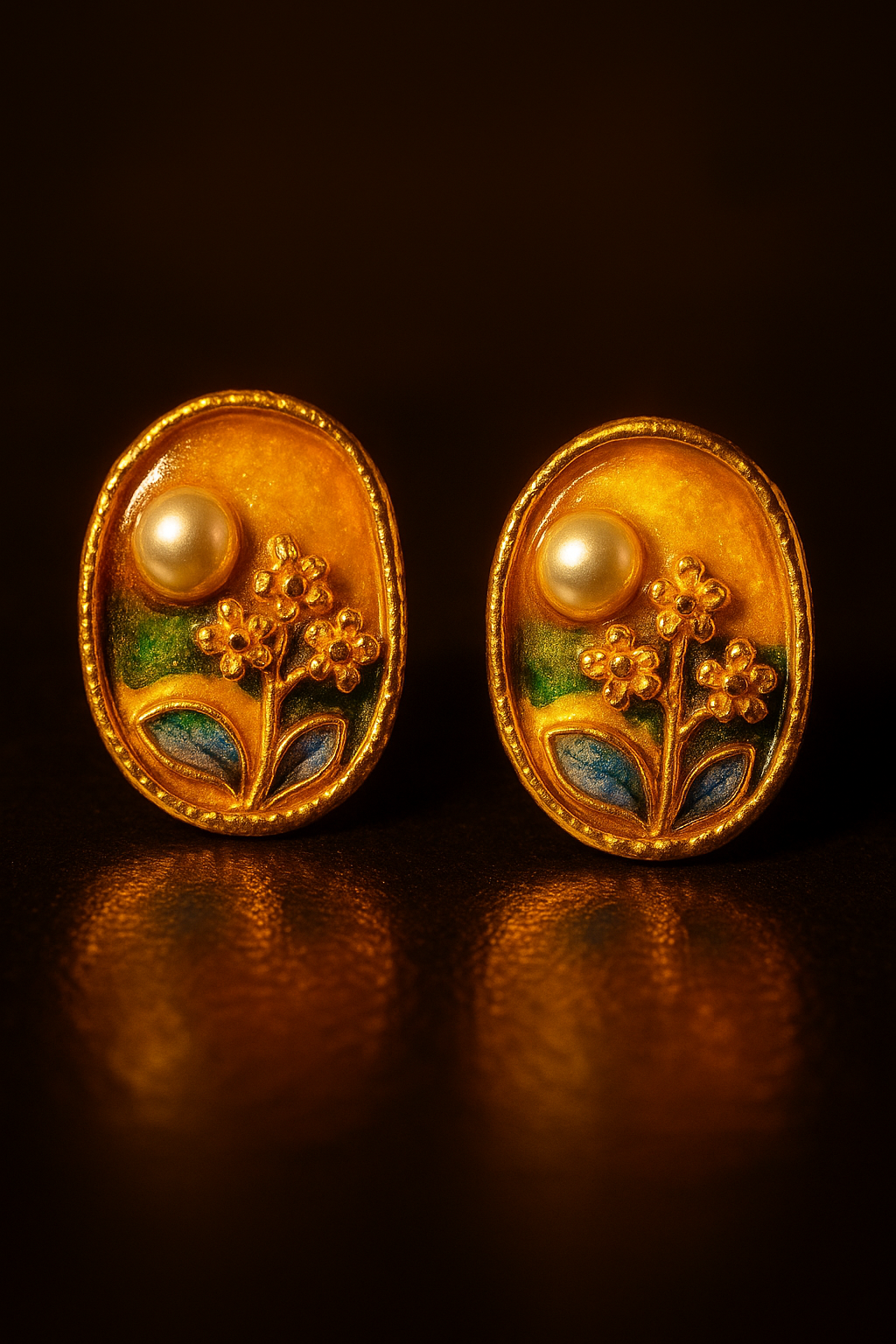 Vintage Gold Enamel Floral Earrings with Pearl – Handcrafted Oval Studs for Women