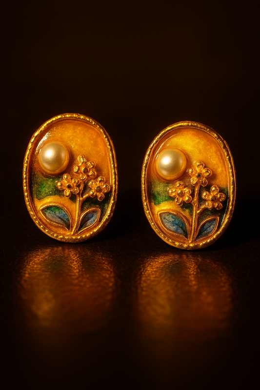 Vintage Gold Enamel Floral Earrings with Pearl – Handcrafted Oval Studs for Women