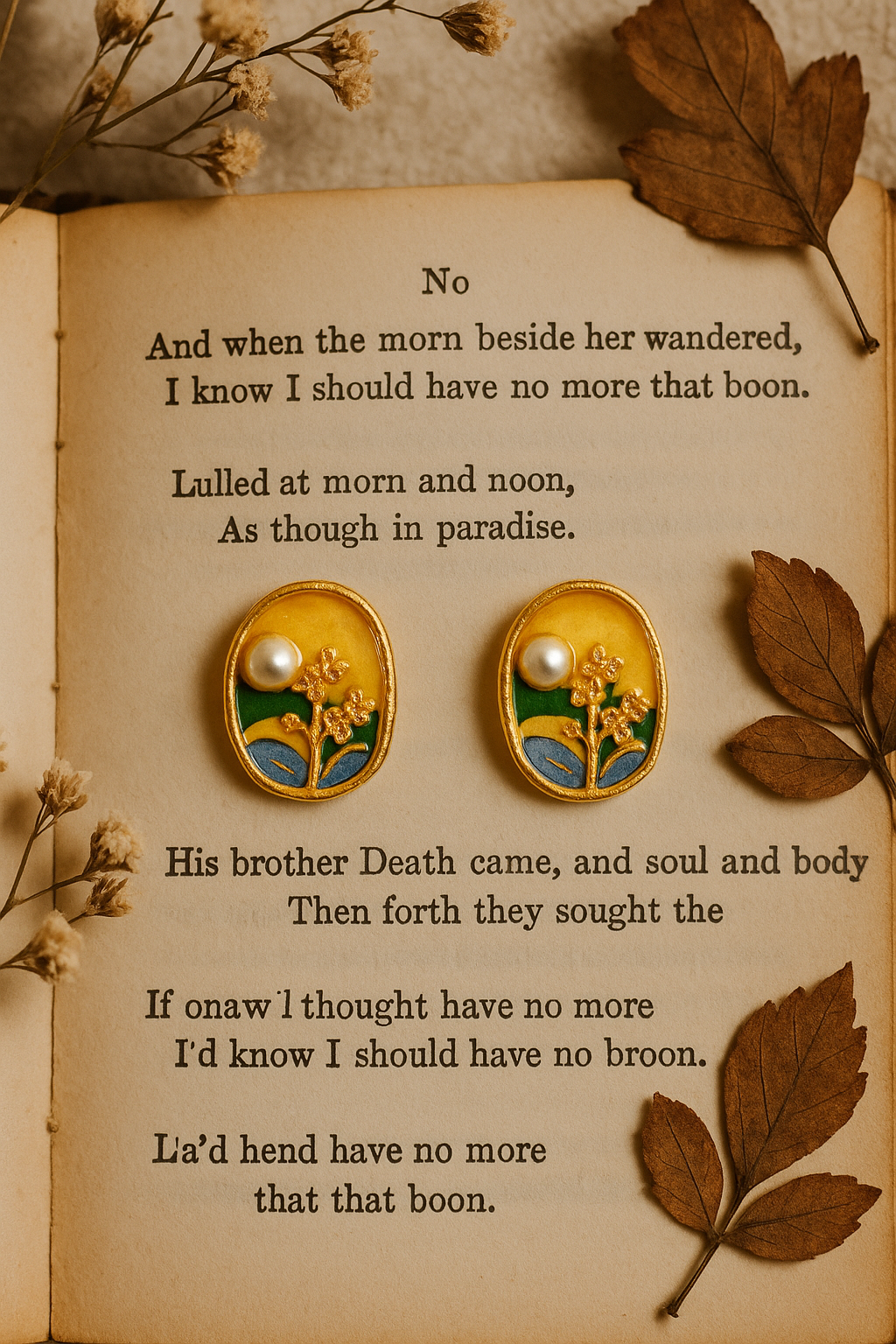 Vintage Gold Enamel Floral Earrings with Pearl – Handcrafted Oval Studs for Women