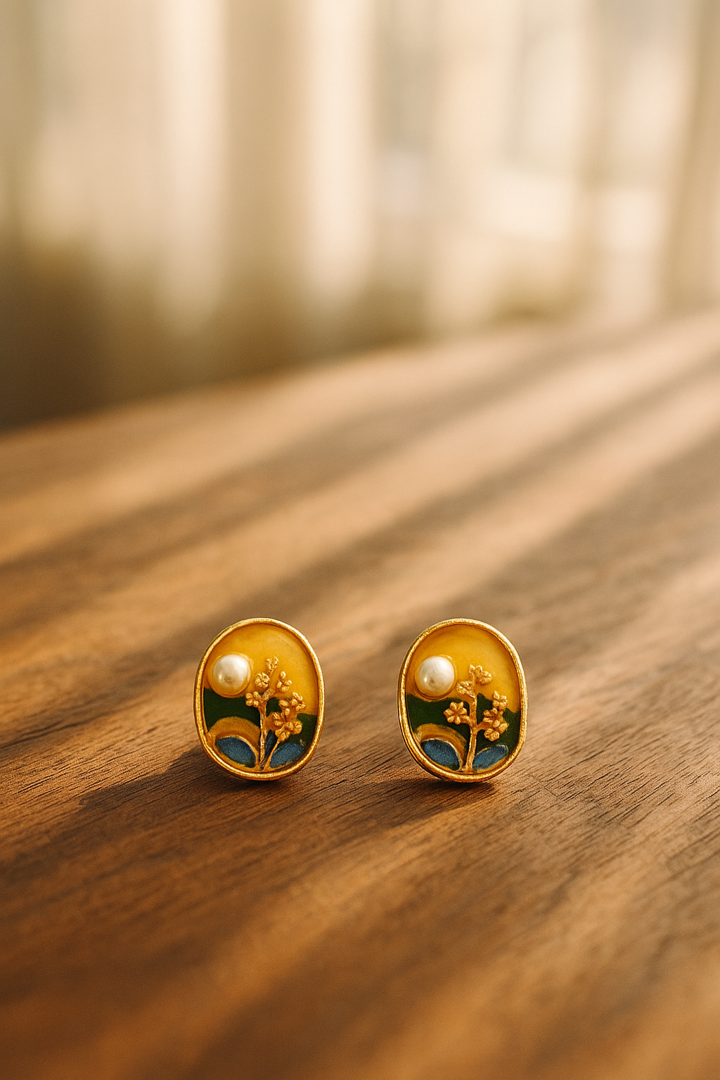 Vintage Gold Enamel Floral Earrings with Pearl – Handcrafted Oval Studs for Women
