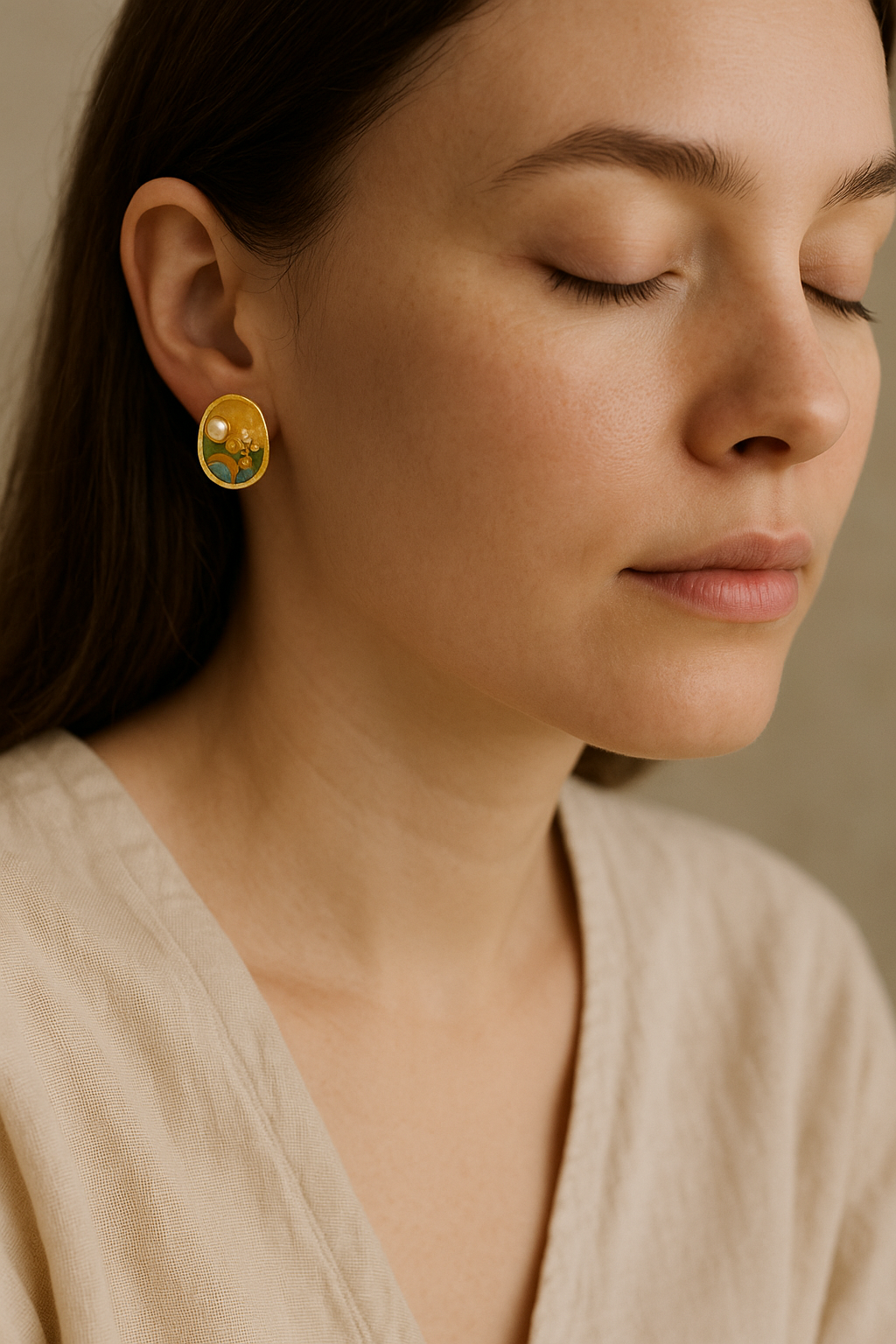 Vintage Gold Enamel Floral Earrings with Pearl – Handcrafted Oval Studs for Women