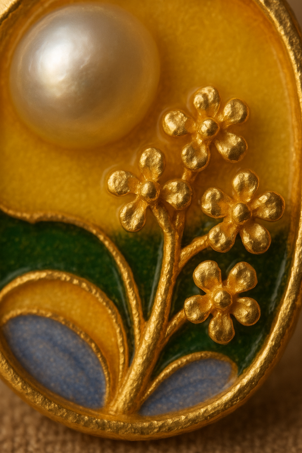 Vintage Gold Enamel Floral Earrings with Pearl – Handcrafted Oval Studs for Women