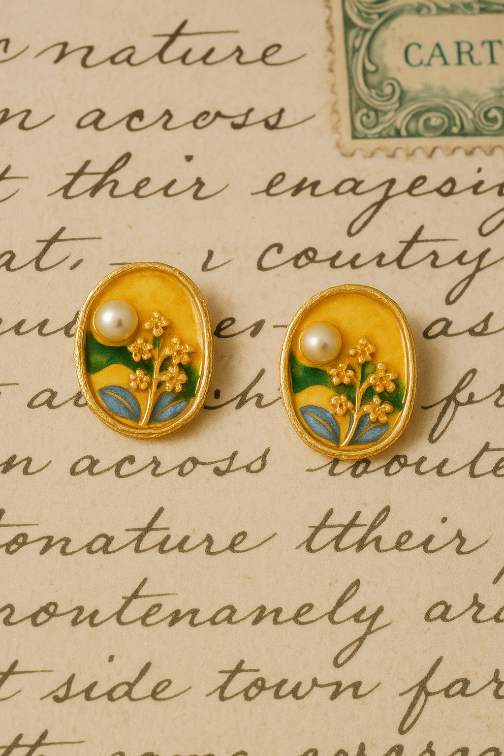 Vintage Gold Enamel Floral Earrings with Pearl – Handcrafted Oval Studs for Women