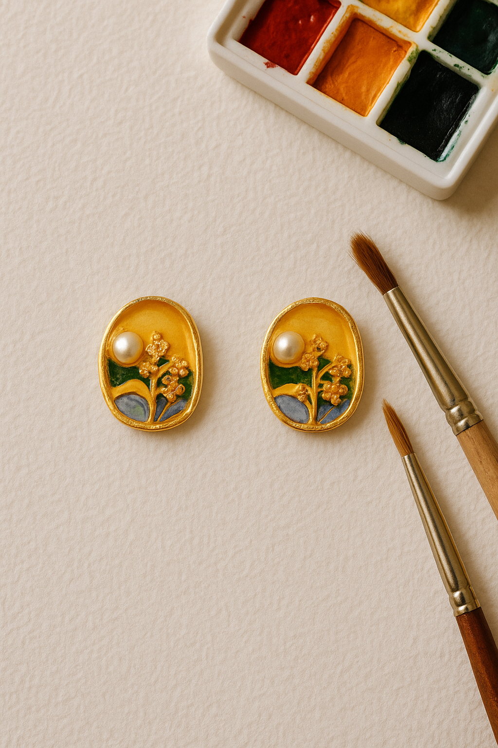 Vintage Gold Enamel Floral Earrings with Pearl – Handcrafted Oval Studs for Women