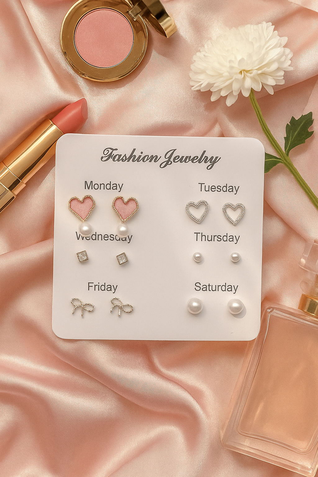 Weekly Earring Set for Girls – 6 Pairs Cute Stud Earrings with Hearts, Bows & Pearls | Fashion Jewelry for Every Day