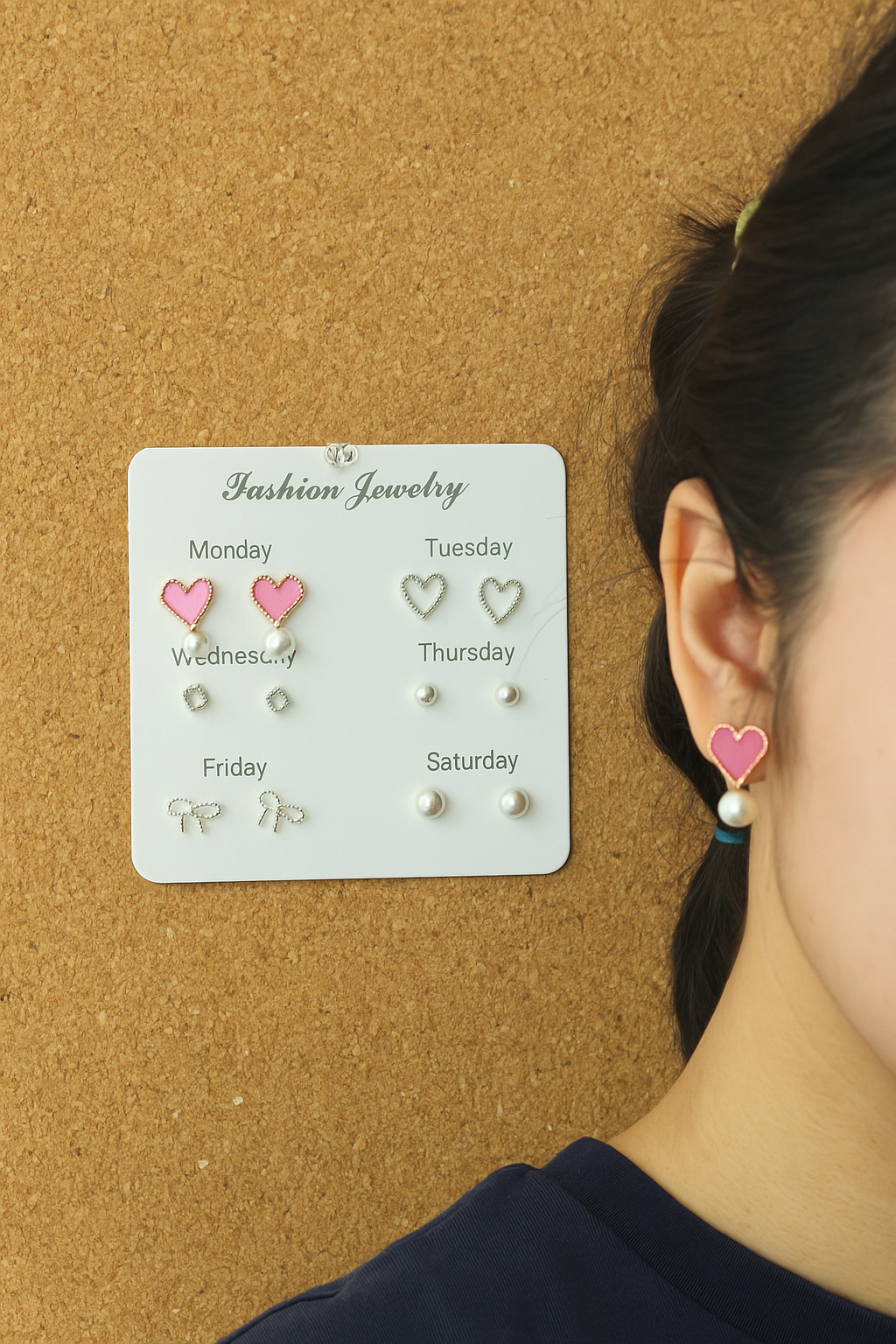 Weekly Earring Set for Girls – 6 Pairs Cute Stud Earrings with Hearts, Bows & Pearls | Fashion Jewelry for Every Day