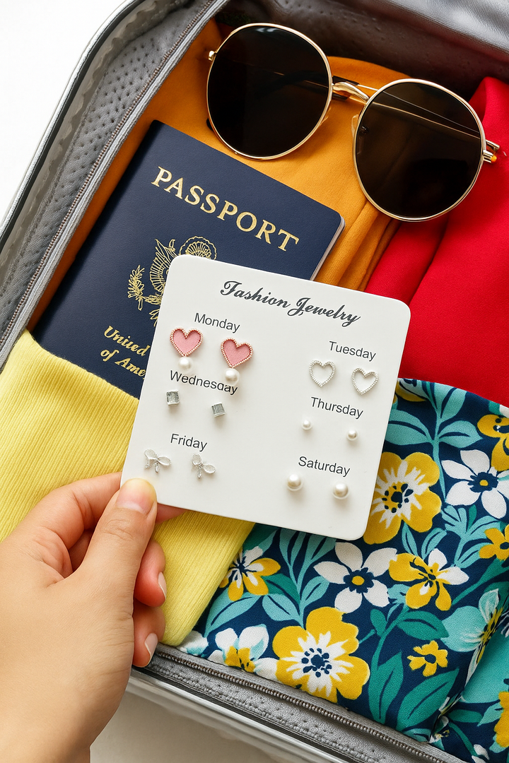 Weekly Earring Set for Girls – 6 Pairs Cute Stud Earrings with Hearts, Bows & Pearls | Fashion Jewelry for Every Day