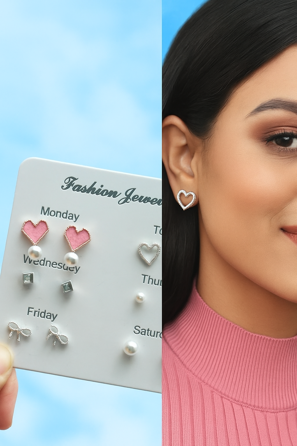 Weekly Earring Set for Girls – 6 Pairs Cute Stud Earrings with Hearts, Bows & Pearls | Fashion Jewelry for Every Day