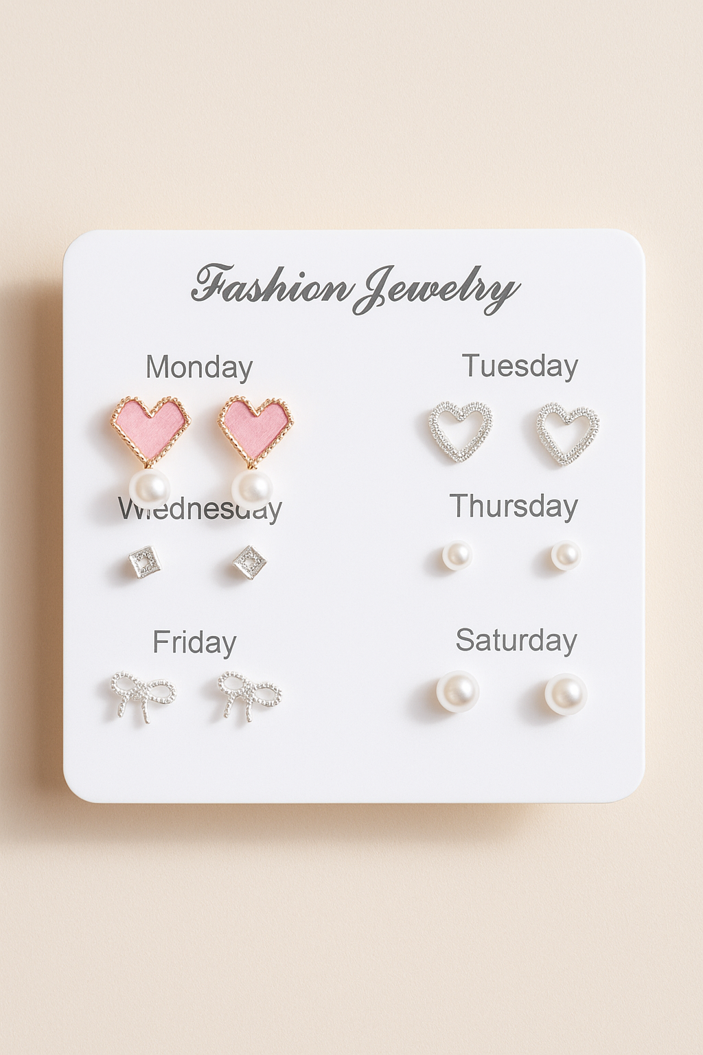 Weekly Earring Set for Girls – 6 Pairs Cute Stud Earrings with Hearts, Bows & Pearls | Fashion Jewelry for Every Day