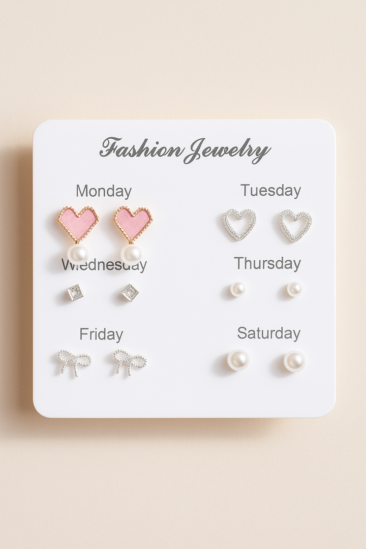 Weekly Earring Set for Girls – 6 Pairs Cute Stud Earrings with Hearts, Bows & Pearls | Fashion Jewelry for Every Day