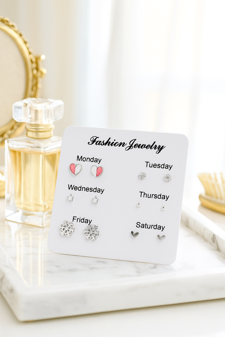 7-Pair Cute Stud Earrings Set for Girls – Weekly Hypoallergenic Earrings with Heart, Star & Snowflake Designs