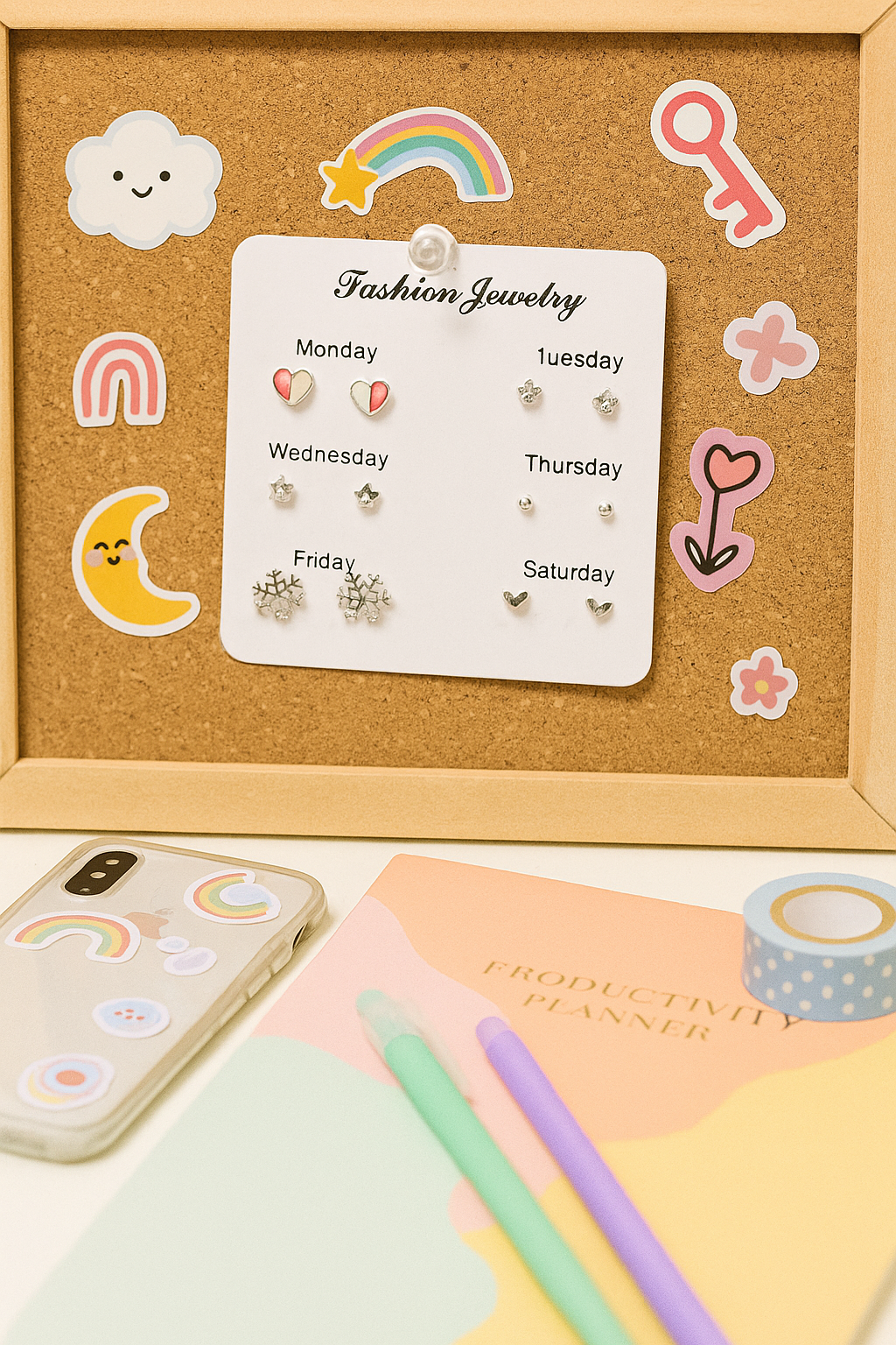 7-Pair Cute Stud Earrings Set for Girls – Weekly Hypoallergenic Earrings with Heart, Star & Snowflake Designs