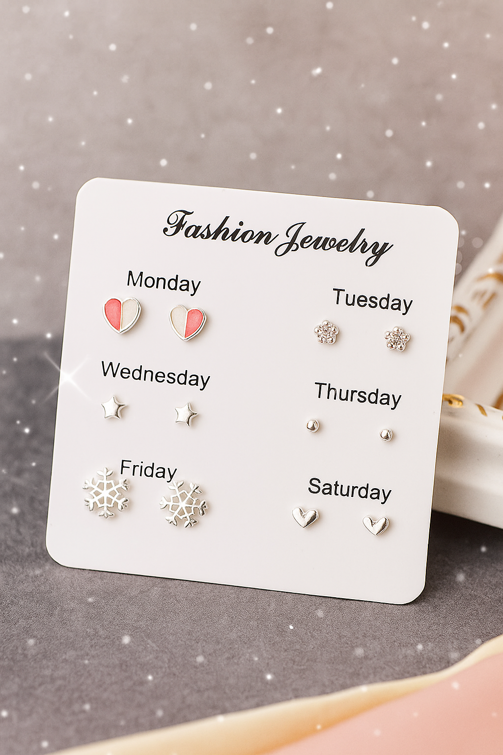 7-Pair Cute Stud Earrings Set for Girls – Weekly Hypoallergenic Earrings with Heart, Star & Snowflake Designs