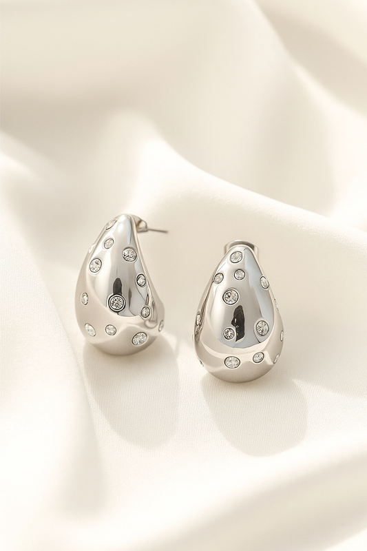 Teardrop Silver Statement Earrings with Crystal Accents – Bold Rhinestone Hoop Design for Women